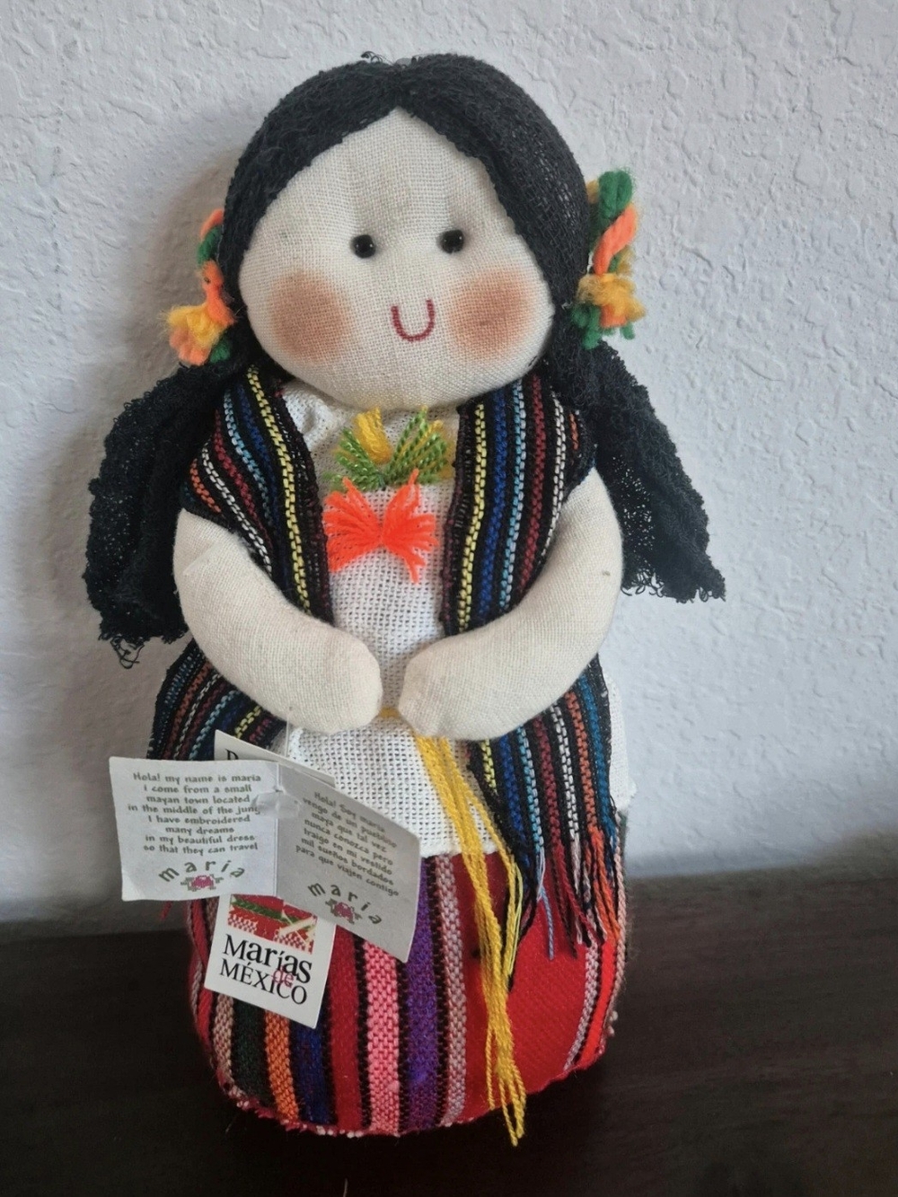 Handmade Vintage Mexican Cloth Folk Art Doll, Embroidered Dress Made in Mexico
